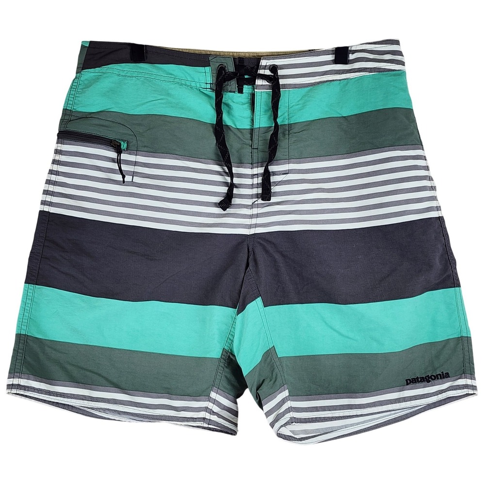 Patagonia Scallop Hem Board Shorts Mens 32 Teal Grey Striped Surf Swim Trunks‎